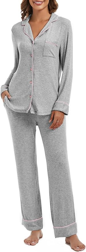 Women's Pajama Sets Long Sleeve Button Down Soft Knit Sleepwear Pjs 2 Piece Lounge Set | Amazon (US)