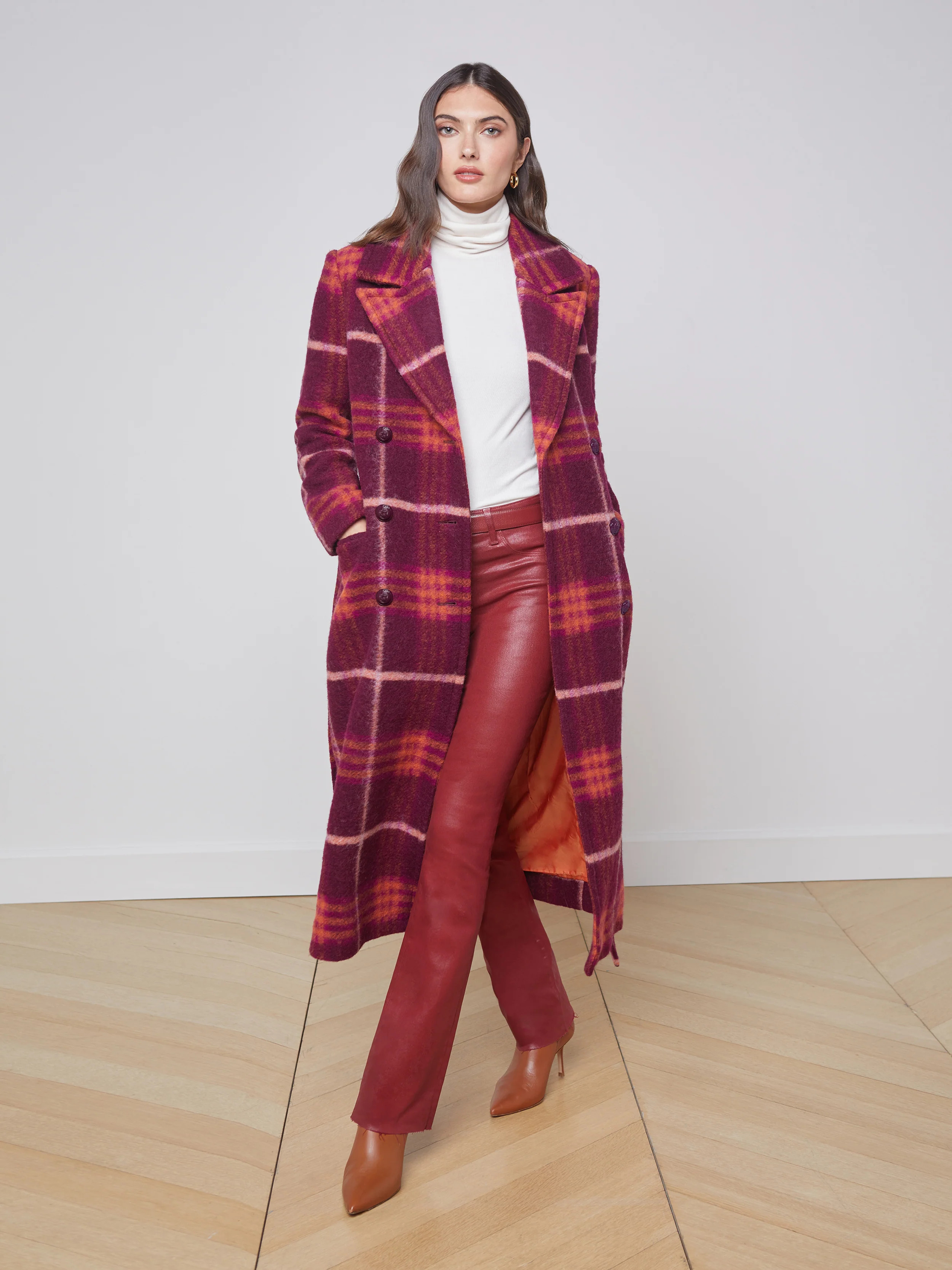 L'AGENCE Olina Coat in Burgundy/Orange Plaid | L'Agence