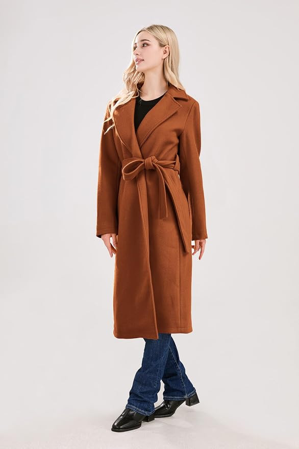 Womens Long Wool Pea Coats Notched Collar Open Front Woolen Blend Trench Coat with Belt | Amazon (US)