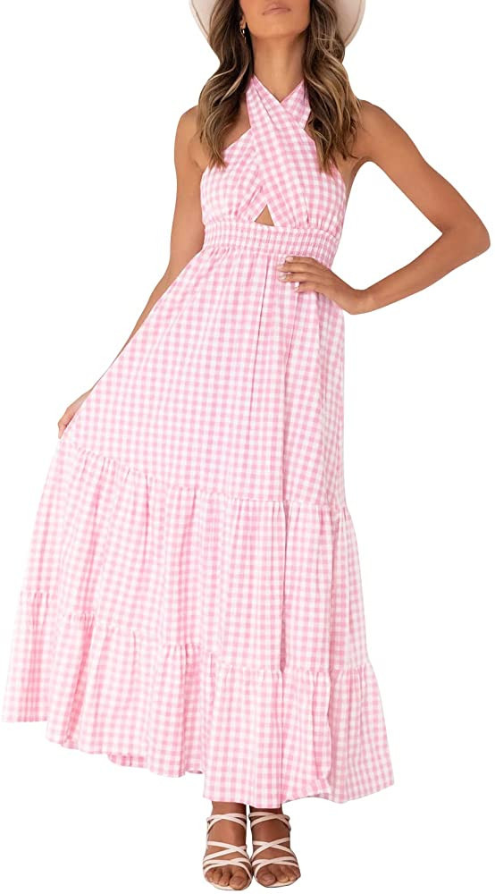 ZESICA Women's 2023 Summer Crossover Halter Neck Sleeveless Plaid Cut Out Backless Flowy A Line M... | Amazon (US)