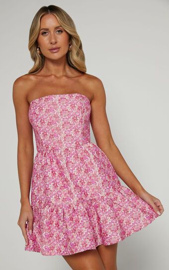Brailey Mae Mini Dress - Strapless Tiered Dress in Pink Floral | Showpo (US, UK & Europe)