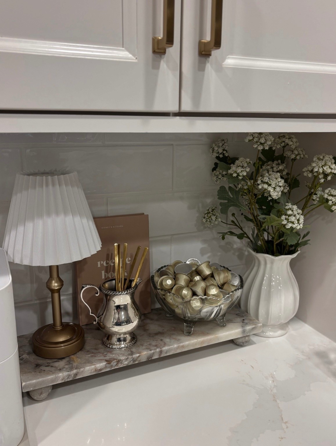 Coffee bar decor for spring 🤍 I thrifted the crystal bowl + silver cup 🫶🏼 everything else is linked below! Love this new target lamp and these stems so much! 

#LTKFindsUnder100 #LTKHome #LTKFindsUnder50