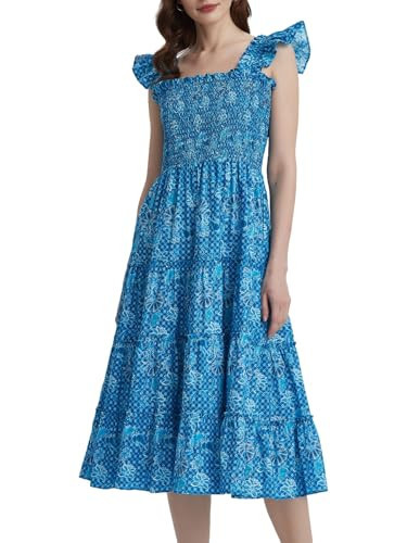 LifeShe Women Summer Floral Midi Flowy Dress Square Neck Smocked Flutter Sleeve Tiered Beach Boho Wedding Guest Dresses Blue | Amazon (US)