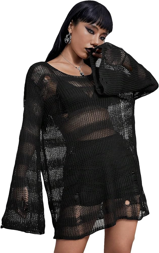 Verdusa Women's See Through Round Neck Drop Shoulder Sweater Long Flare Sleeve Knit Top | Amazon (US)