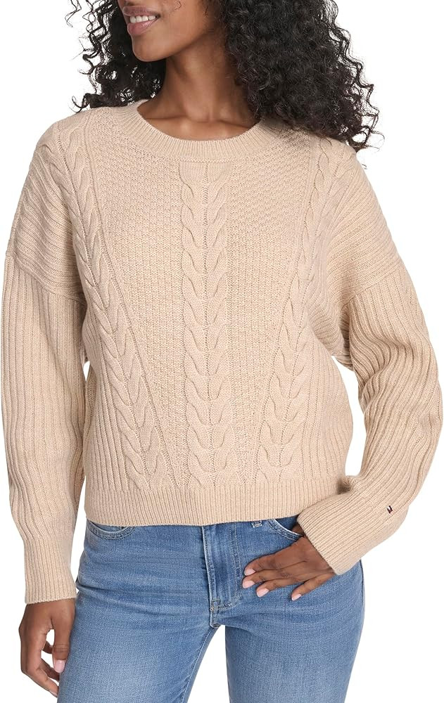 Tommy Hilfiger Womens Solid Cable Crewneck Bobbi Pullover Sweater | Amazon (US)