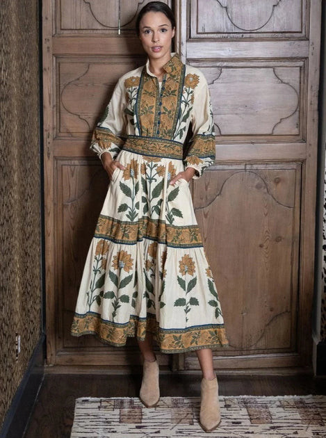 Paloma Flounce Dress in Olive / Honey Dahlia Garden | Beau & Ro