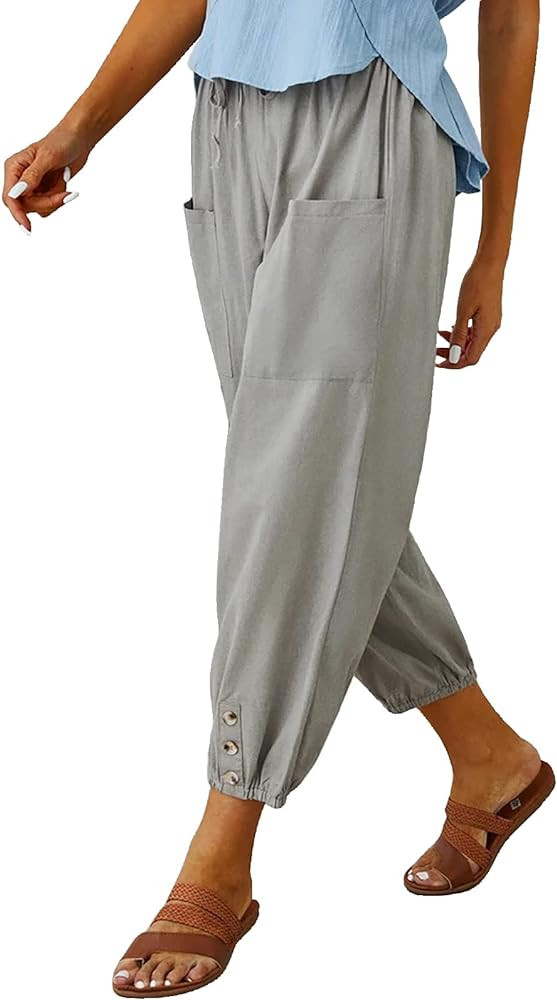 Women's High Waist Pants Drawstring Capri Pants with Pockets Wide Leg Cropped Pants for Women | Amazon (US)