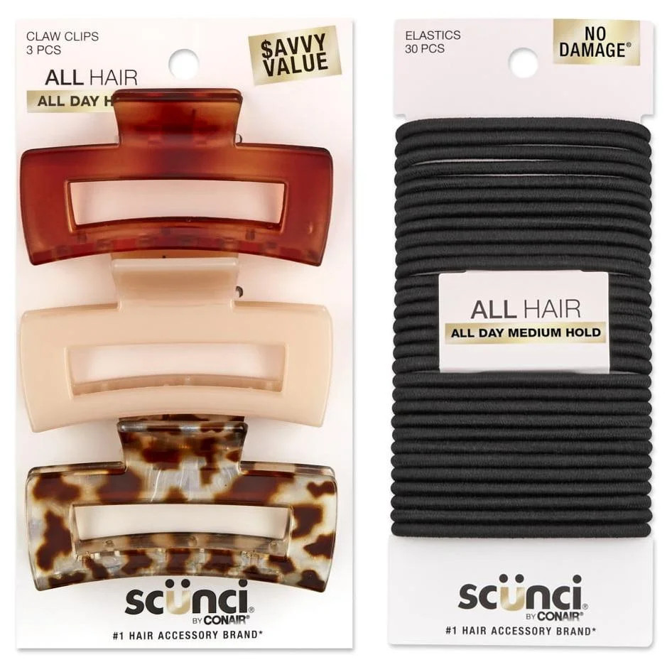 Scunci Neutrals Open Cut Rectangular Claw Clips & No Damage Elastic Stretch Nylon Ponytail Holder... | Walmart (US)