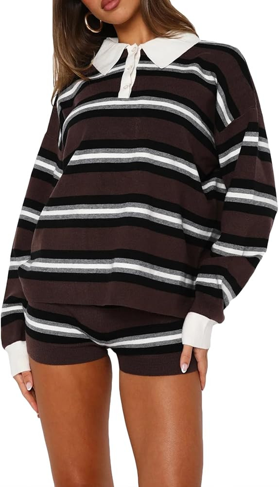 Stirped Sweater Sets Women 2 Piece Outfits Color Block Polo Collar Rugby Shirt Knit Shorts Matchi... | Amazon (US)