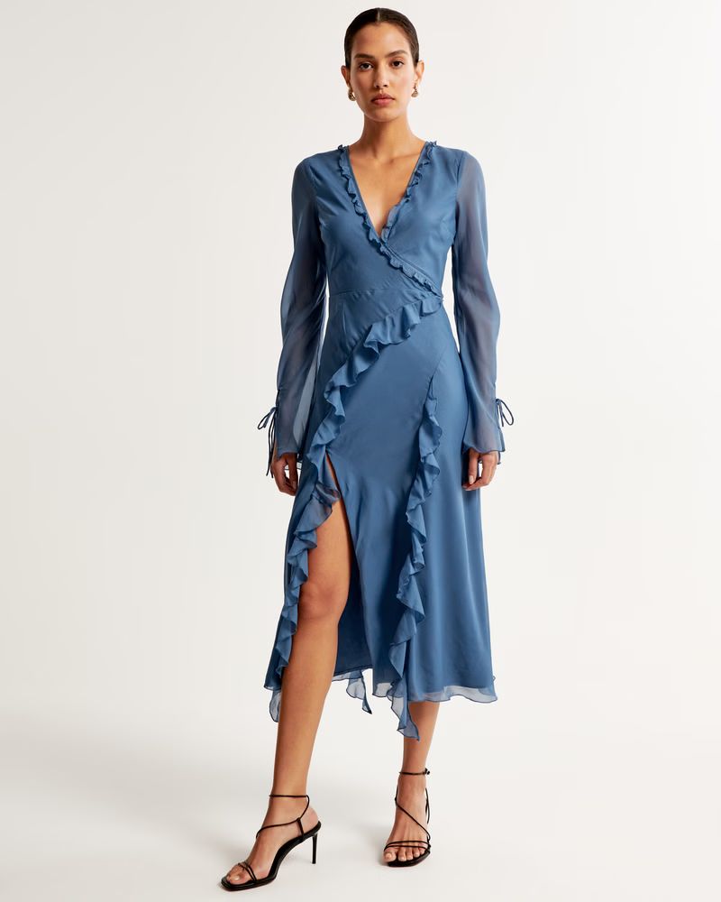 Plunge Ruffle Long-Sleeve Midi Dress | Abercrombie & Fitch (US)