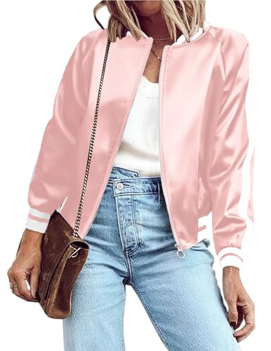 Zeagoo Women's Bomber Jacket Casual Coat Solid Striped Biker Jacket Zip Up Outerwear Windbreaker Pink Large | Amazon (US)