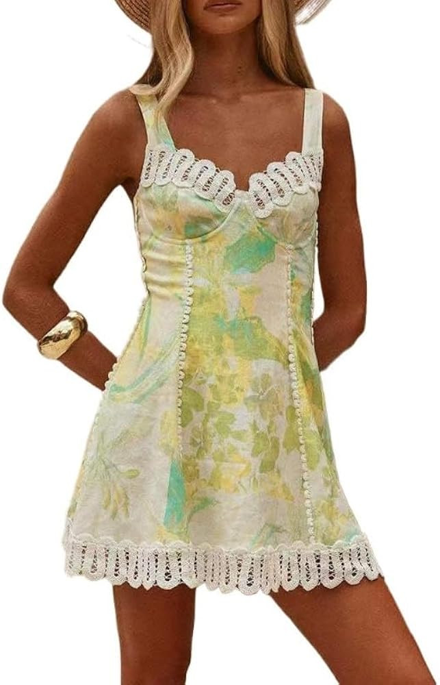 Women's Summer Linen Spaghetti-Strap Lace Beach Resort Dress | Amazon (US)