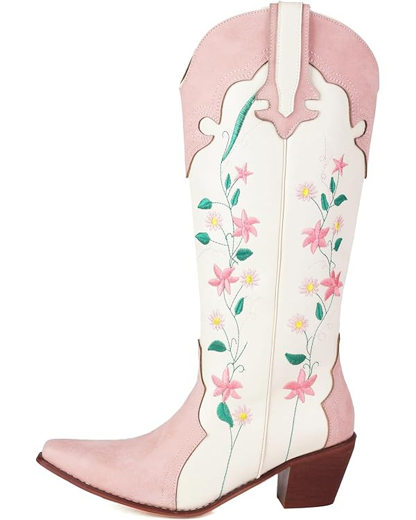 YIYA Women's Pink Floral Embroidered Western Cowboy Boots Cute Knee High Cowgirl Boots Pointed To... | Amazon (US)