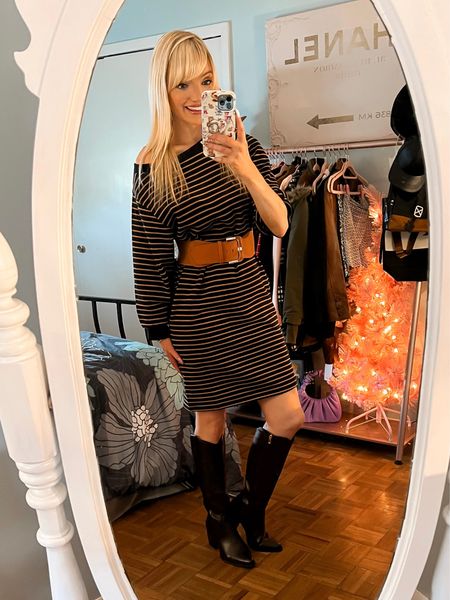 Yesterday’s Thanksgiving outfit  - my boots and belt are on Black Friday deal - boots are only $46 (32% off) and my belt is only $7.59 (51% off)! - Black Friday sales - striped sweatshirt dress - Amazon Fashion - Amazon deals - Amazon Finds 

#LTKCyberweek #LTKsalealert #LTKunder50