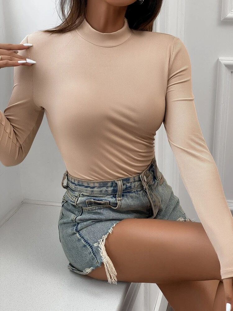 Mock Neck Ribbed Skinny Bodysuit | SHEIN