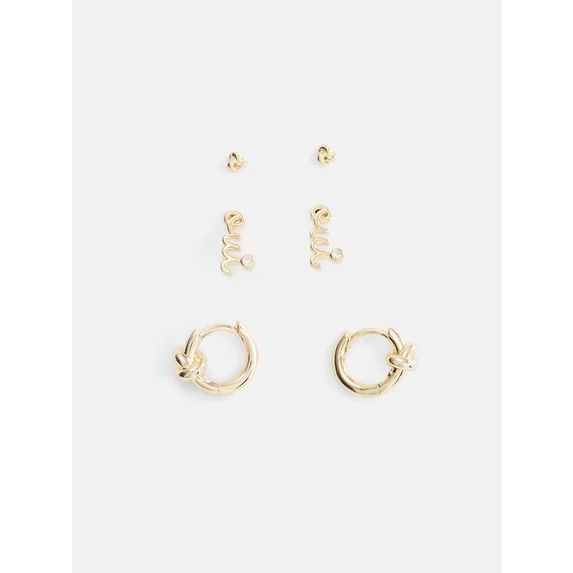 Free Assembly Women's Demi Fine 14K Gold Plated Cubic Zirconia Oui Studs, Knots and Hoop Earring ... | Walmart (US)