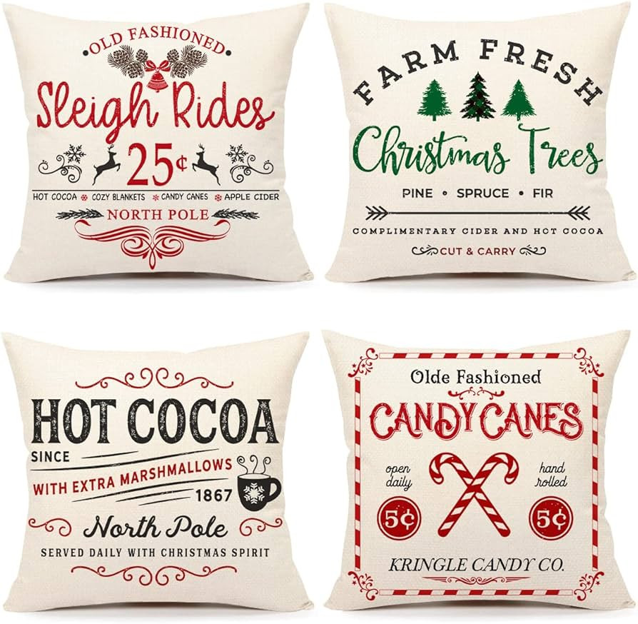 Farmhouse Christmas Pillow Covers 18x18 Set of 4 Winter Holiday Decorations Xmas Rustic Throw Cus... | Amazon (US)