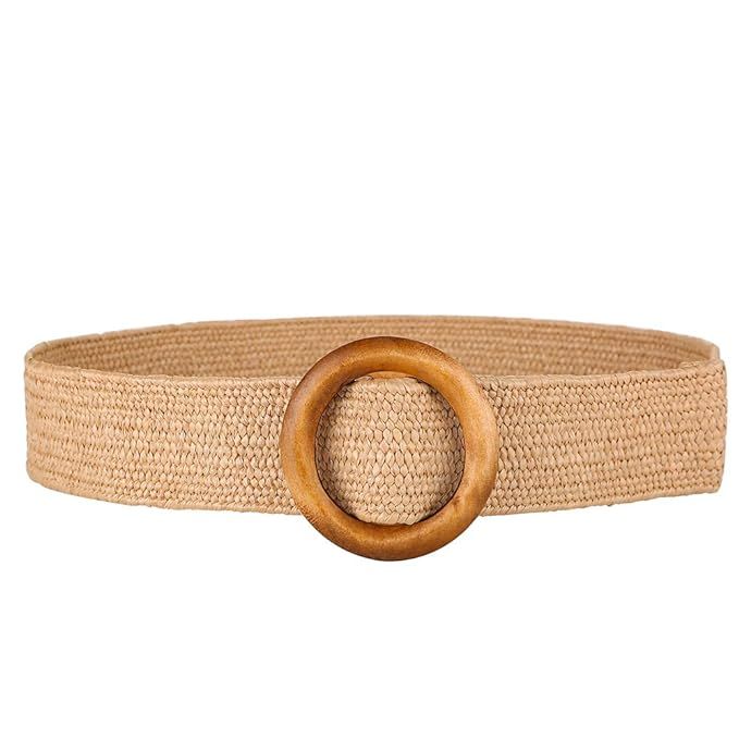 Women's Fashion Round Wooden Buckle Braided Strap PP Straw Summer Elastic Stretch Dress Belt | Amazon (US)
