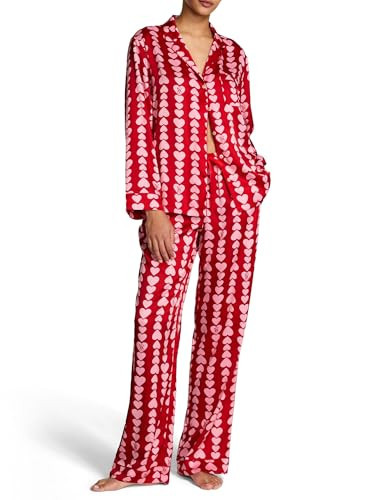 Victoria's Secret Satin Pajama Set, Long Sleeve Button Down & Pants, Pajamas for Women, Pink Scattered Hearts, S | Amazon (US)