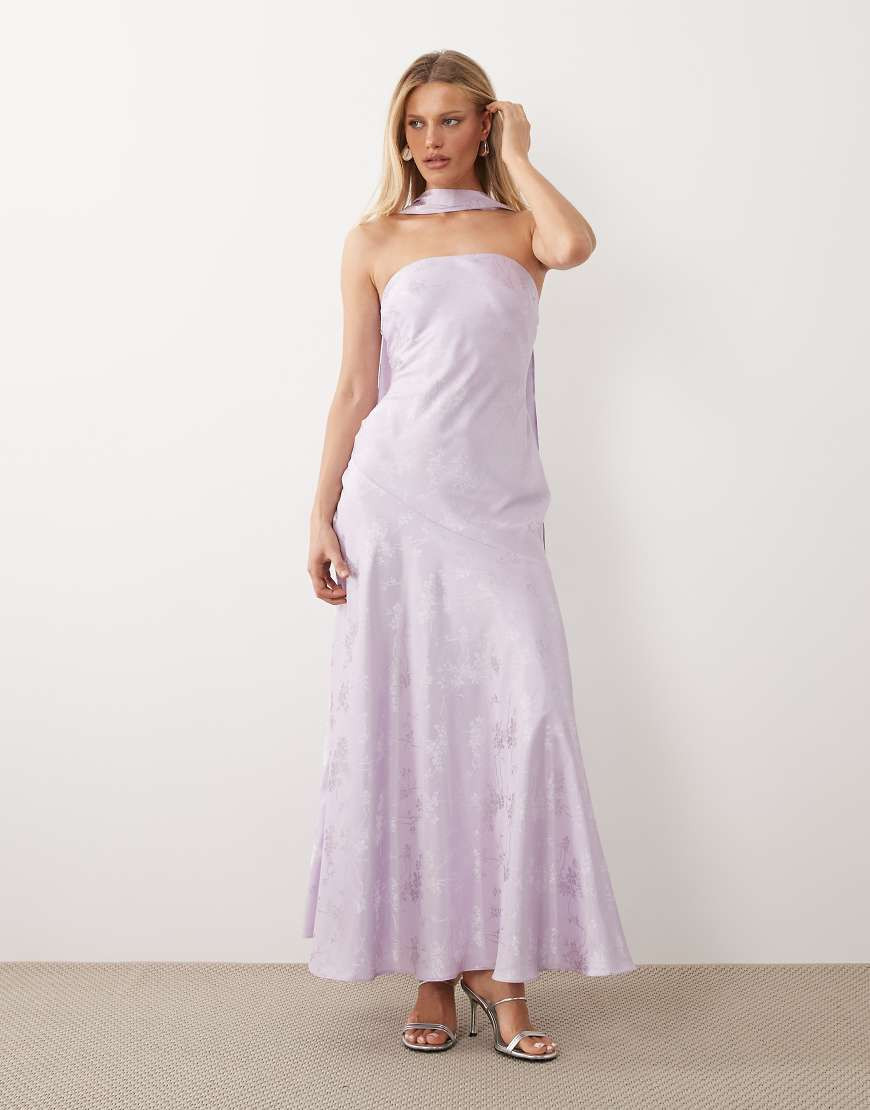 Rare London bandeau scarf detail structured satin floral jacquard maxi dress in lilac-Purple | ASOS (Global)