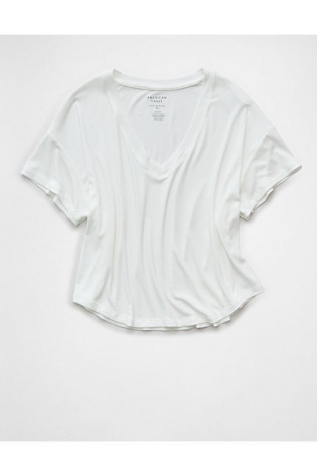 AE Soft & Sexy Ribbed V-Neck T-Shirt Women's White L | American Eagle Outfitters (US & CA)