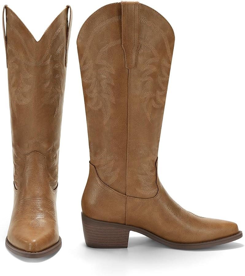 Coutgo Womens Cowboy Boots Mid Calf Chunky Heel Embroidered Western Boots | Amazon (US)