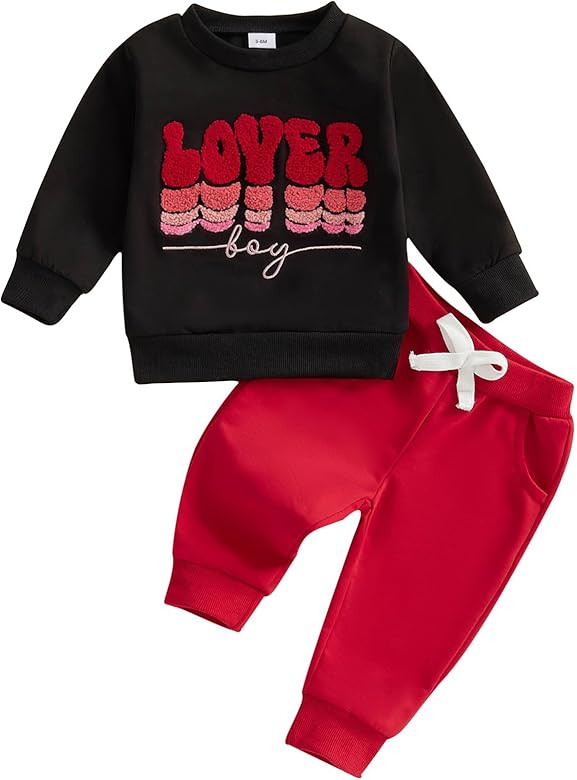 TheFound Toddler Boys Valentine's Day Outfit Black Long Sleeve Letter Print Pullover Drawstring P... | Amazon (US)