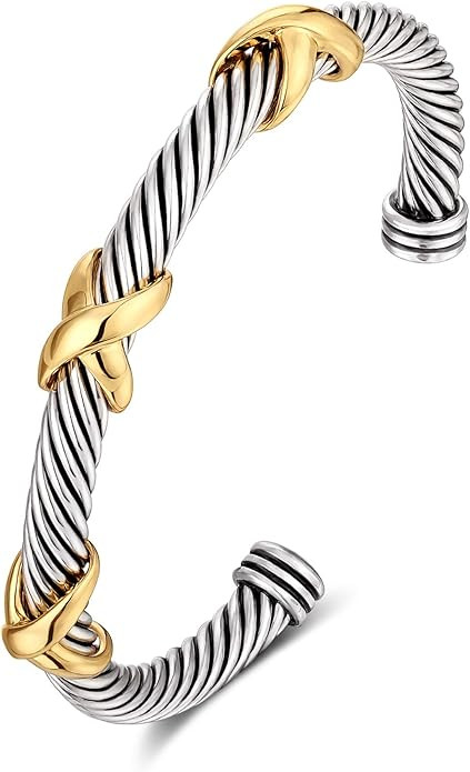 ORATIGOR Cable Cuff Bangle for Women Twisted Bracelet, Cable Wire Bangles Bracelets Two Tone Thre... | Amazon (US)