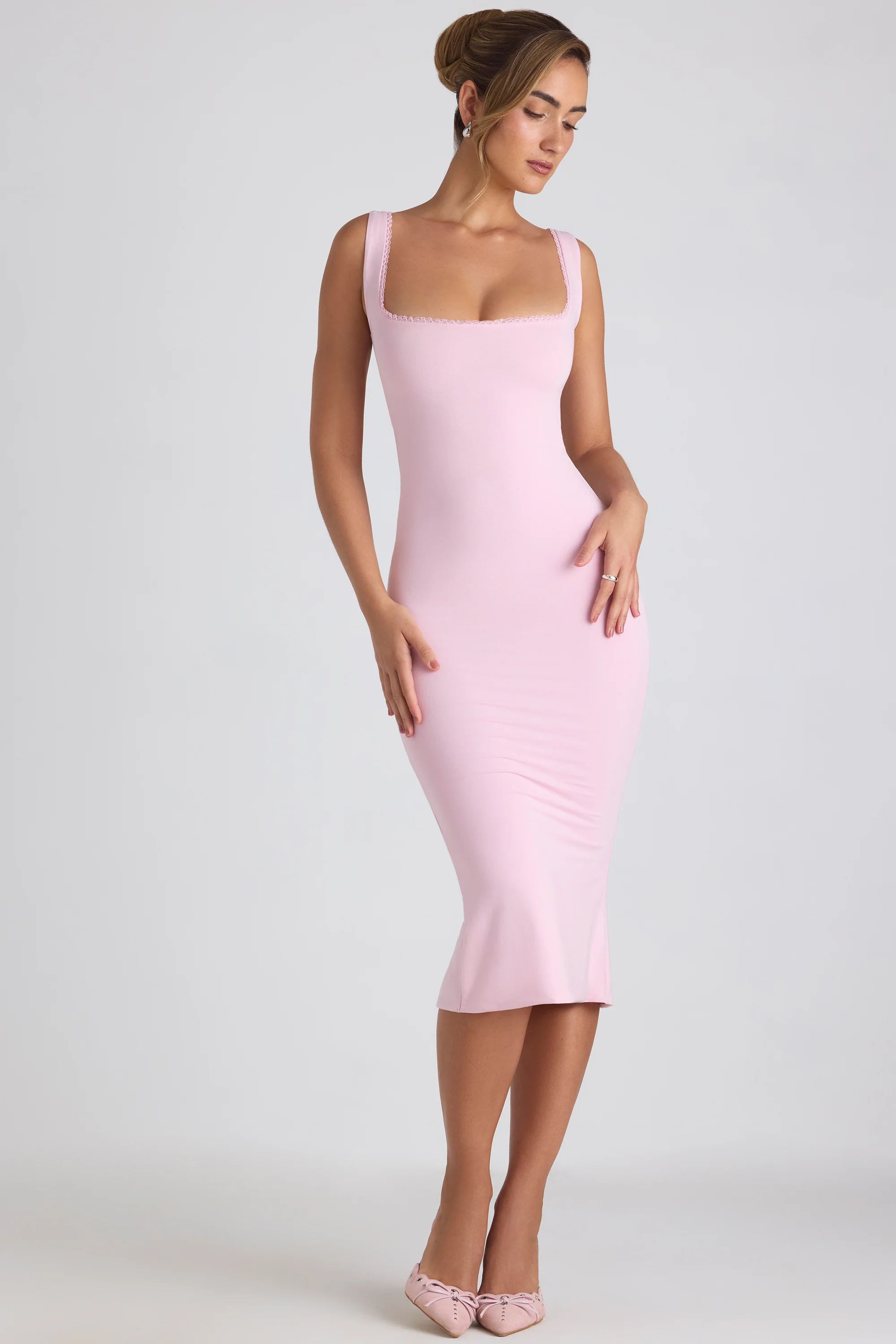 Modal Lace-Trim Midaxi Dress in Soft Pink | Oh Polly