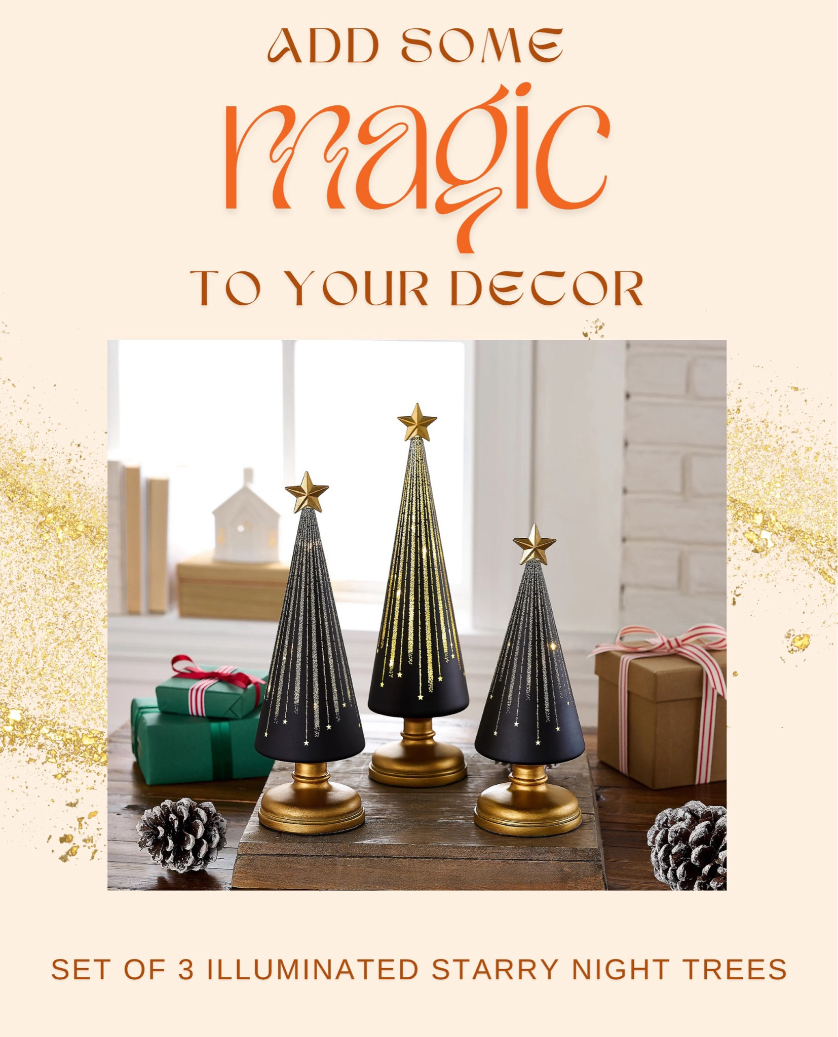 🌟🎄 Transform your space with this Set of 3 Illuminated Starry Night Trees by Valerie! Each tree shimmers with delicate lights, casting a magical glow that truly captures the beauty of a starry winter night. Perfect for a mantel, holiday table, or entryway, these trees bring elegance and enchantment to any room. Arrange them as a group for a stunning centerpiece, or display individually for a touch of festive sparkle throughout your home. ✨❄️

#LTKHome #LTKHoliday #LTKSeasonal