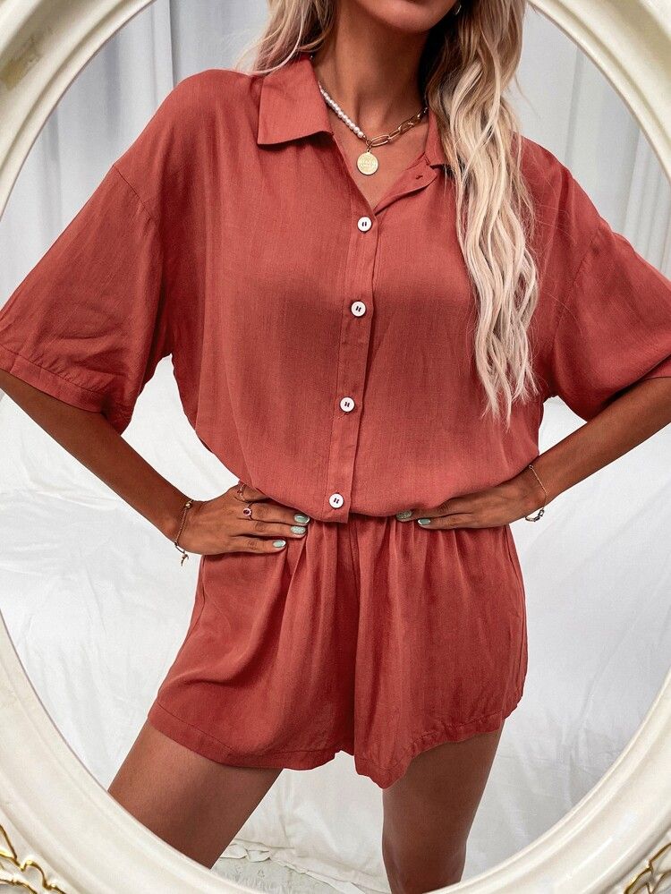 Button Front Drop Shoulder Blouse With Shorts | SHEIN