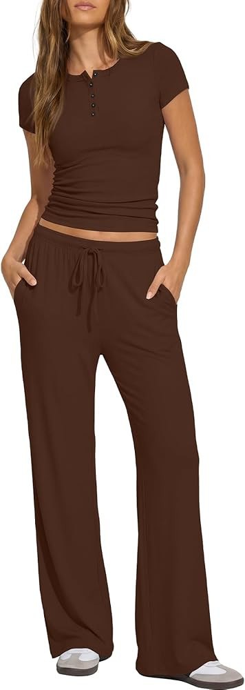 Darong Womens 2 Piece Matching Lounge Sets Summer Short Sleeve Henley Shirts Wide Leg Pants Airpo... | Amazon (US)