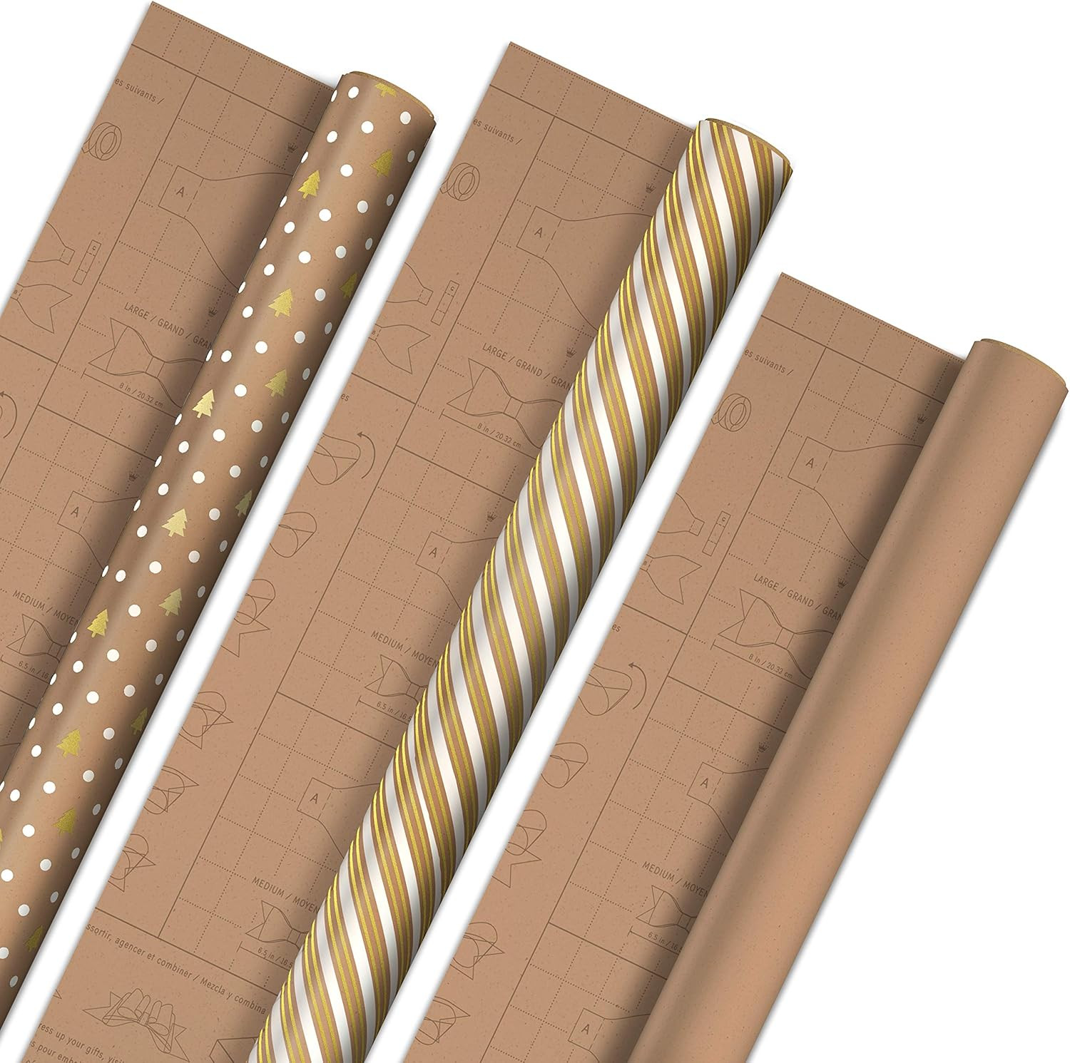 Hallmark Holiday Wrapping Paper with DIY Bow Templates on Reverse (3 Rolls: 120 sq. ft. ttl) Kraf... | Amazon (US)