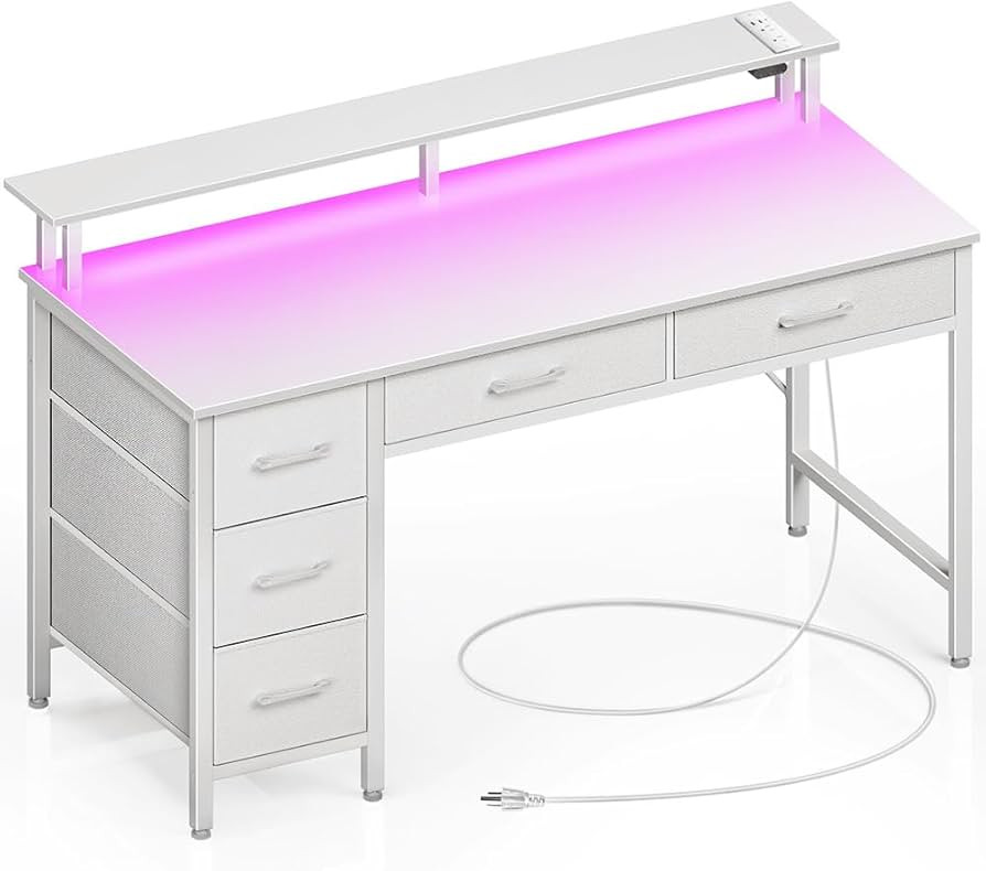 Seventable Computer Desk with Power Outlets & LED Light, 39 inch Home Office Desk with 5 Drawers, Writing Desk with Monitor Stand, Work Desk for Home Office, White | Amazon (US)
