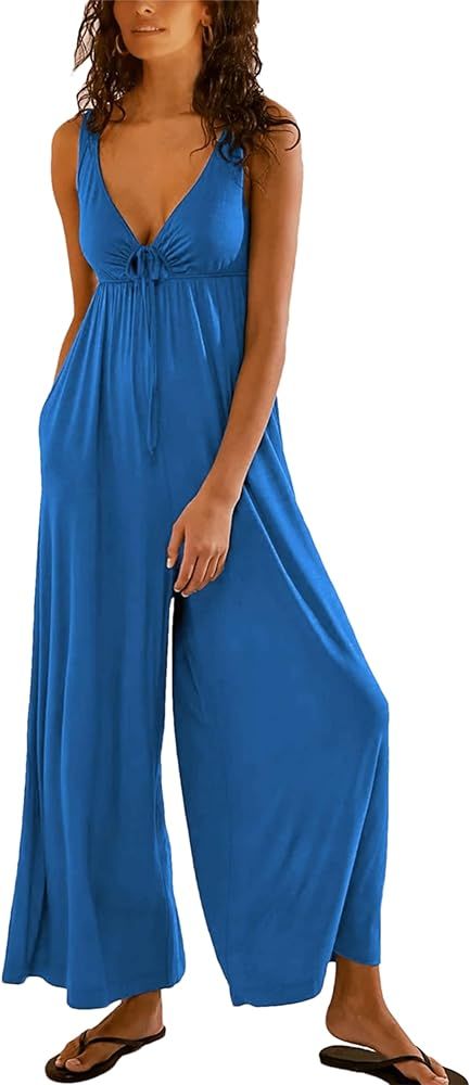 IQSQSQ Women's Casual Loose Jumpsuits One Piece Sleeveless Wide Leg Long Pant Rompers With Pocket... | Amazon (US)