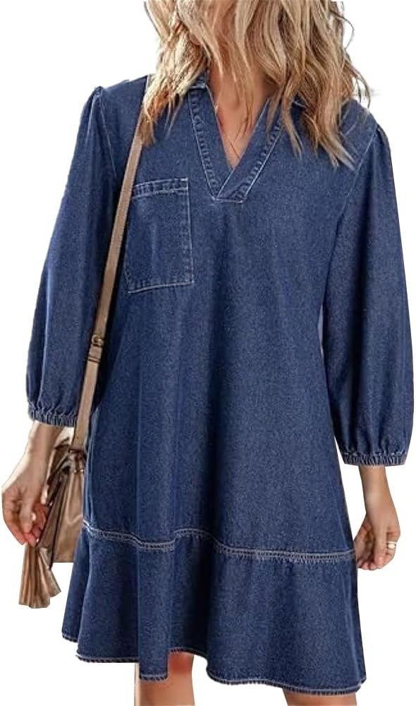 Women's V-Neck Denim Dress, 3/4 Sleeve Ruffle Loose Denim Dress A Line Flowy Mini Jean Dresses wi... | Amazon (US)