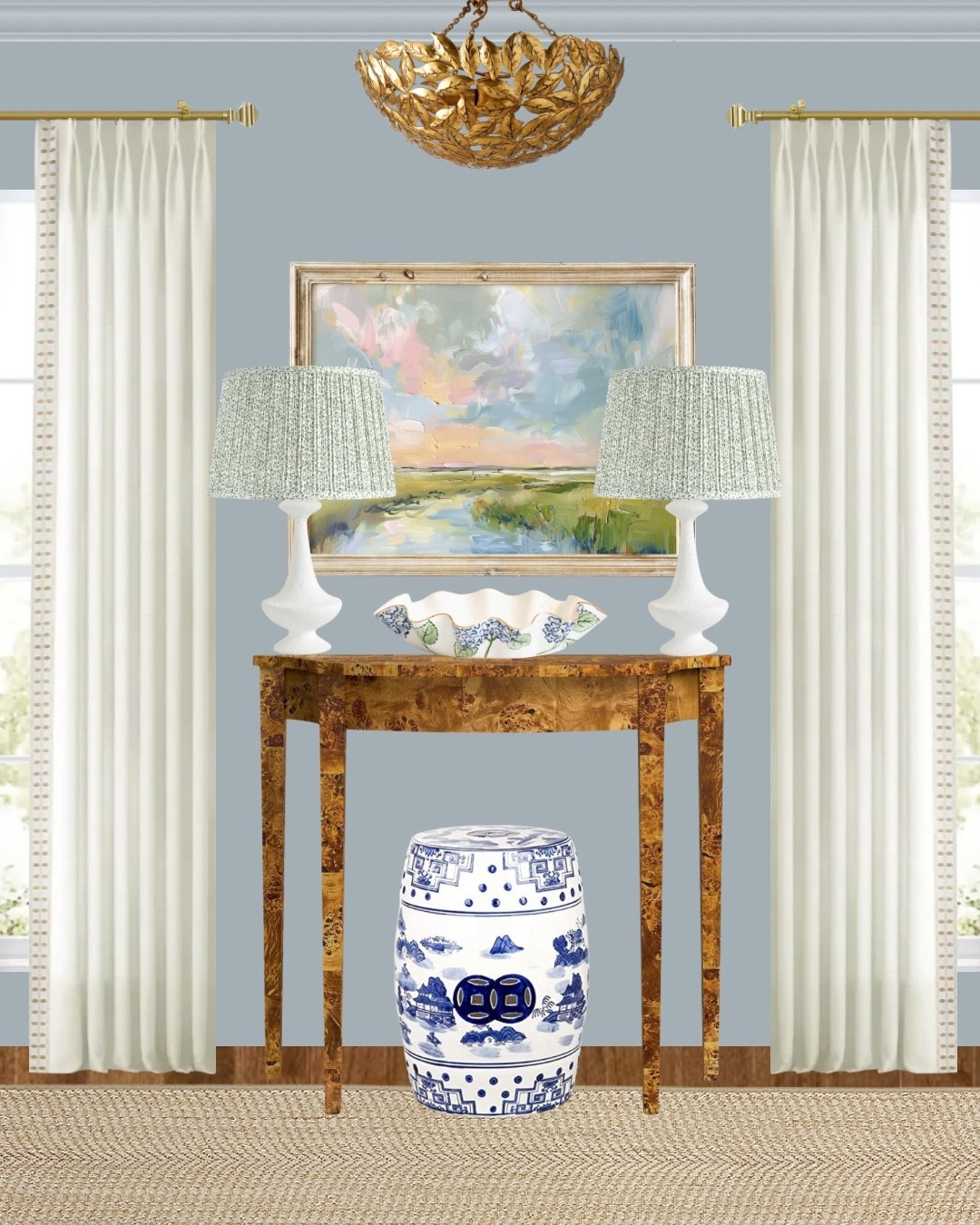 A colorful yet classic entryway design. This colorful abstract landscape brings this entry design to live. The green printed lamp shades and burl wood console are the perfect complement with the chinoiserie stool. 

Grandmillennial entry | Grandmillennial home decor | entryway decor | entryway design | foyer ideas | colorful home 

#LTKHome #LTKStyleTip #LTKFindsUnder100