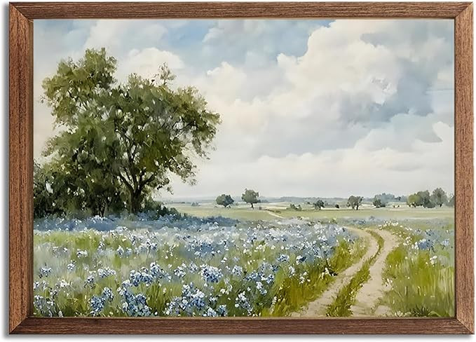 Amazon.com: Nature Vintage Preppy Blue Wildflower Pathway Wall Art Prints Landscape Oil Painting ... | Amazon (US)