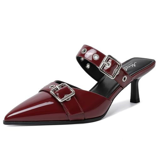 Mostrin Burgundy Kitten Mules Heels for Women Dark Red Studded Heeled Mules Pointed Closed Toe Heels Slip on Stiletto Pumps Shoes Size 6 | Amazon (US)