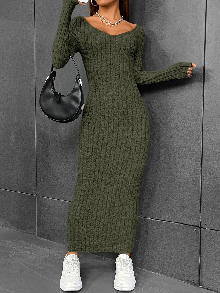 SHEIN EZwear Solid Ribbed Knit Bodycon Dress | SHEIN
