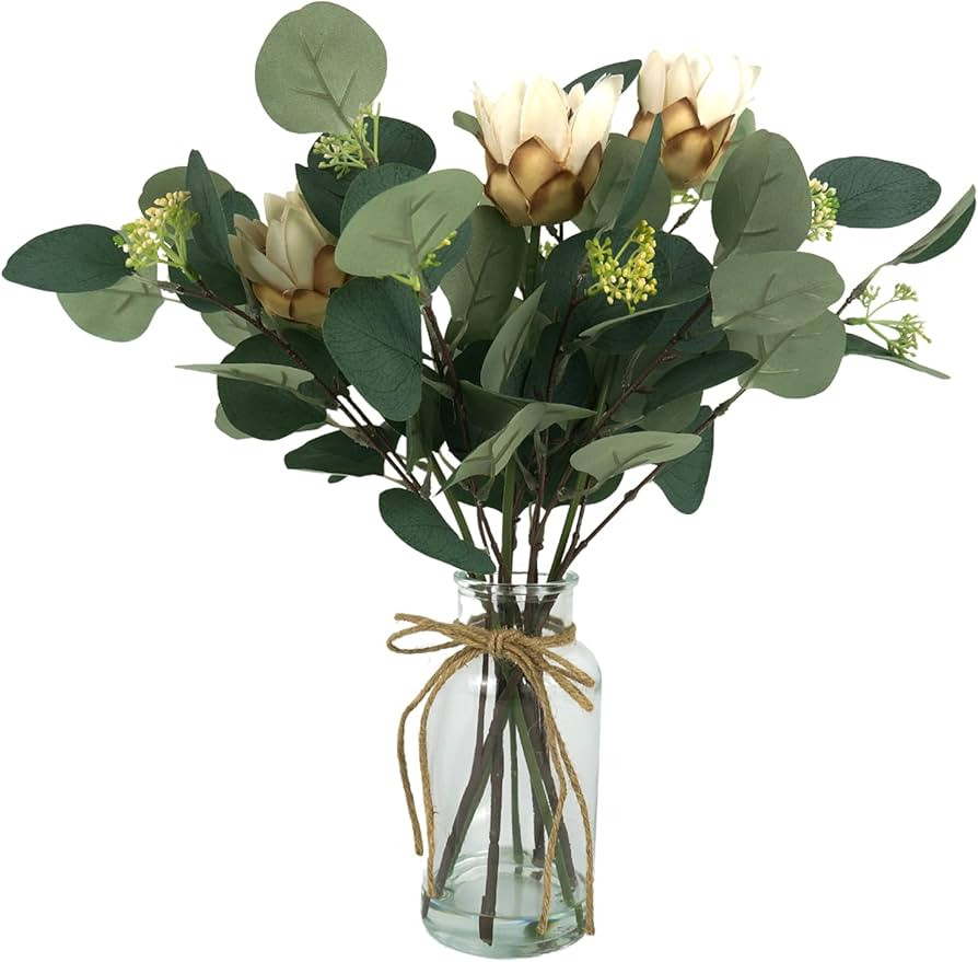 Hisow Artificial Eucalyptus Leaves in Glass Vase, 16.1" Eucalyptus Leaves Green Branches 7 Branch... | Amazon (US)
