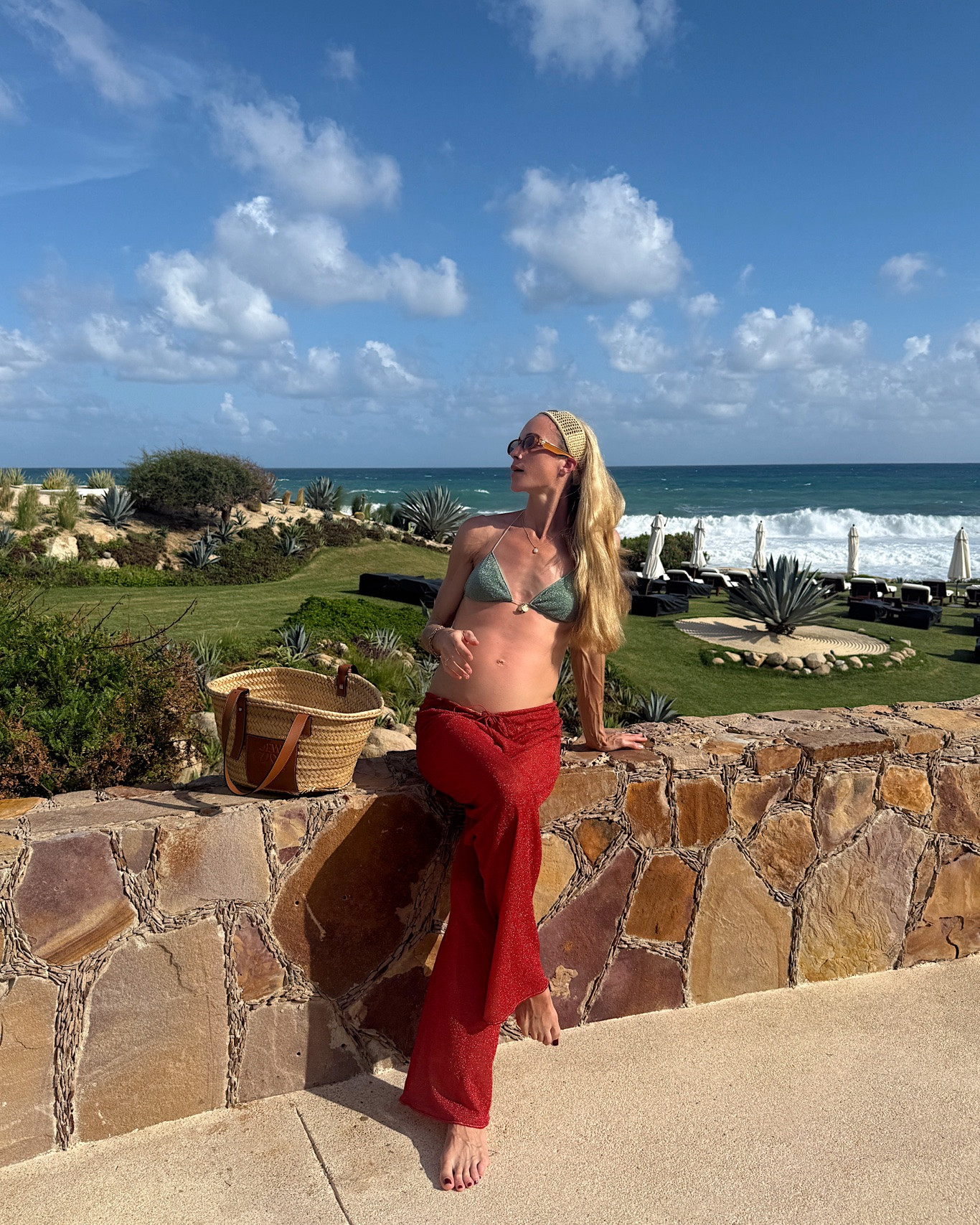 Babymoon swim look 🫶🏻 Bikini runs small, pants run large but take your true size because they’re adjustable. Linking similar coverup and tote styles (mine is old) ☀️