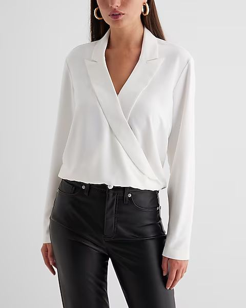 Collared V-neck Long Sleeve Faux Wrap Front Top | Express