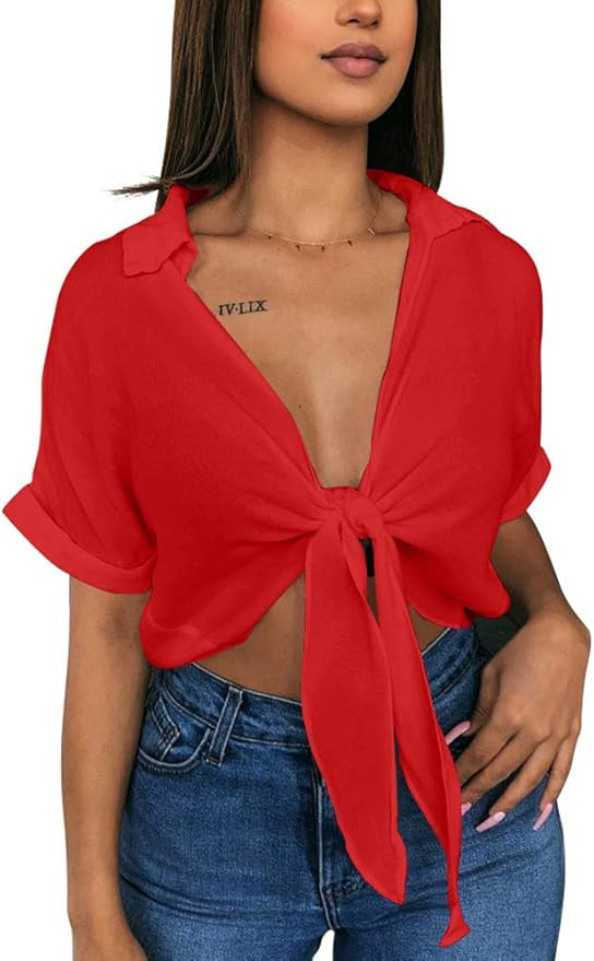 GOBLES Womens Summer Short Sleeve Shirts V Neck Tie Knot Batwing Blouses Tops | Amazon (US)