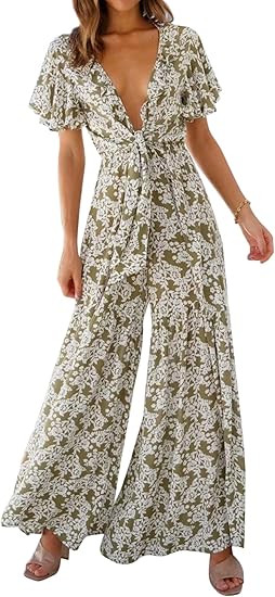R.Vivimos Women's Summer Cotton Deep V-Neck Short Sleeves Ruffles Floral Print Boho Pant Jumpsuit... | Amazon (US)