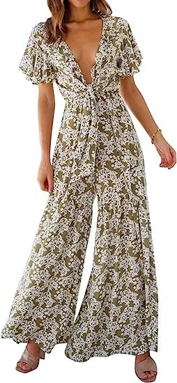 R.Vivimos Women's Summer Cotton Deep V-Neck Short Sleeves Ruffles Floral Print Boho Pant Jumpsuit... | Amazon (US)