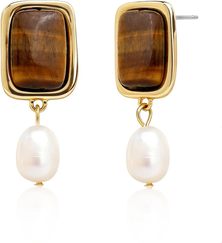 Sonateomber Gold Gemstone Dangle Drop Earrings for Women,Chunky Statement Pearl Square Natural St... | Amazon (US)