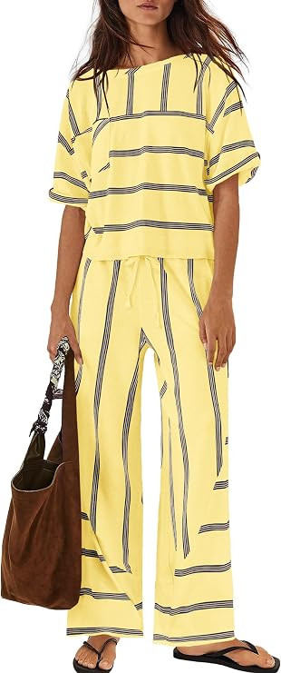 Nirovien Womens Striped Lounge Set 2 Piece Vacation Sets Short Sleeve Tops and Wide Leg Pants Tra... | Amazon (US)