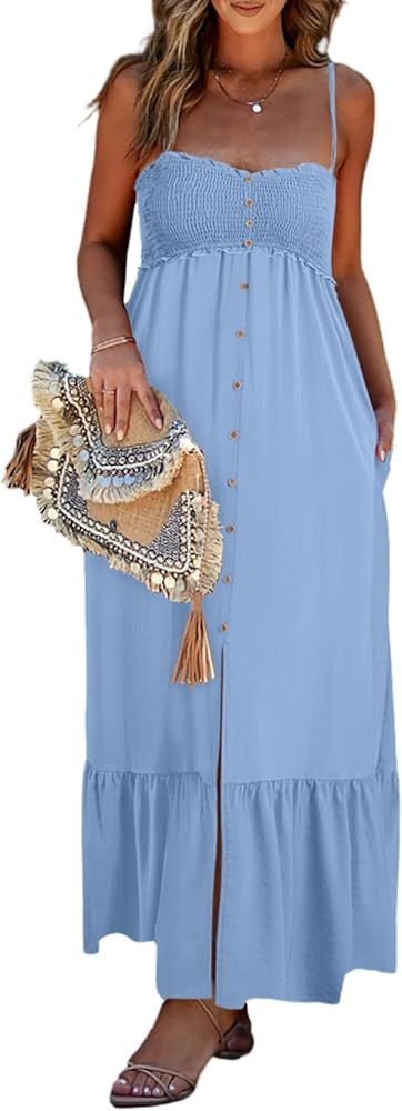 Dokotoo Womens Summer Casual Dresses Sleeveless Spaghetti Strap Button Down Smocked Beach Long Ma... | Amazon (US)