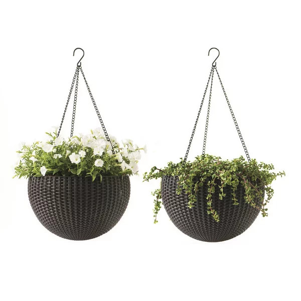 Keter Round Resin 13.8" D Hanging Planters, 2 pack- Brown Rattan | Walmart (US)
